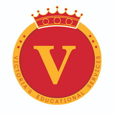 Circular red and gold heraldic emblem with large V and crown, featuring decorative border text