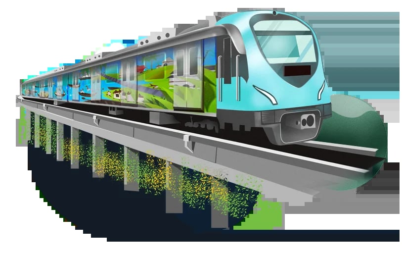 Modern turquoise and gray train with green environmental graphics on its side, shown against a dark background with green vegetation details below